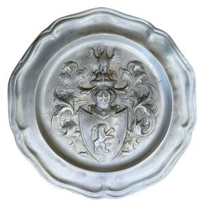 Vintage Pewter Wall Plaque Plate Heraldic Coat Of arms Protection & Courage